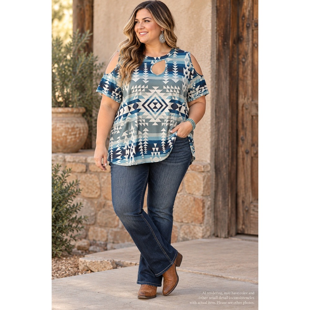 Crazy Train Aztec Print Cold Shoulder Top 2X Blue Southwestern Keyhole Tee